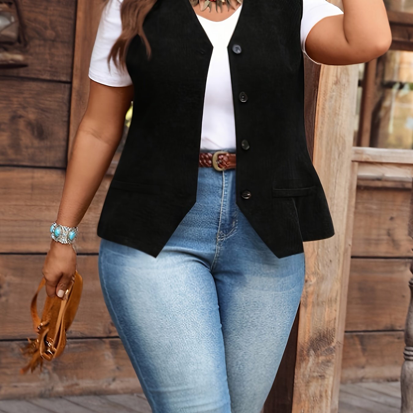 E-shop Plus Size, Frühling/Herbst Neue Plus Size Damenweste, Vintage-Stil Casual Bequemes Vielseitiges Oberteil, V-Ausschnitt Cardigan Ärmellose Jacke