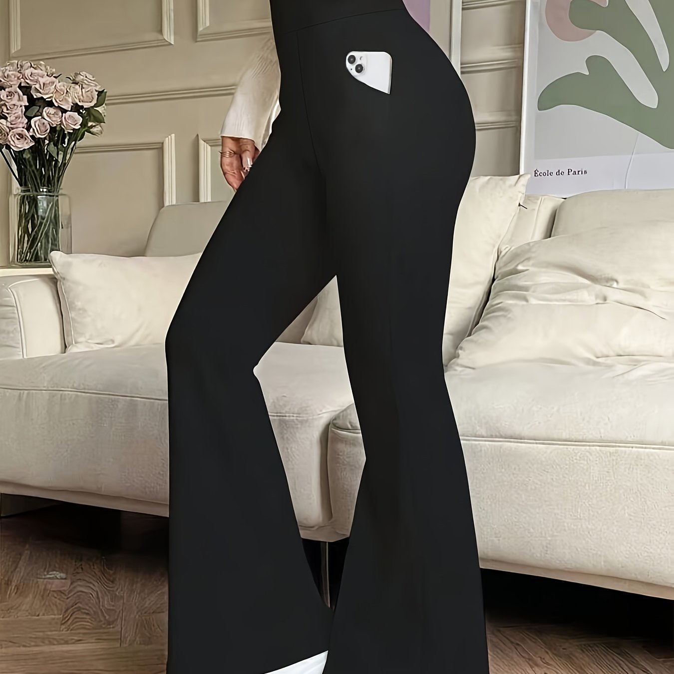 High-waisted Flared Bell-bottom Pants With Pockets - Solid Color Trousers, Medium-stretch Elastic Suitable For Casual, & Casual Attire, Machine Washable Spring Summer Fall Pants (non- Bell-bottom)