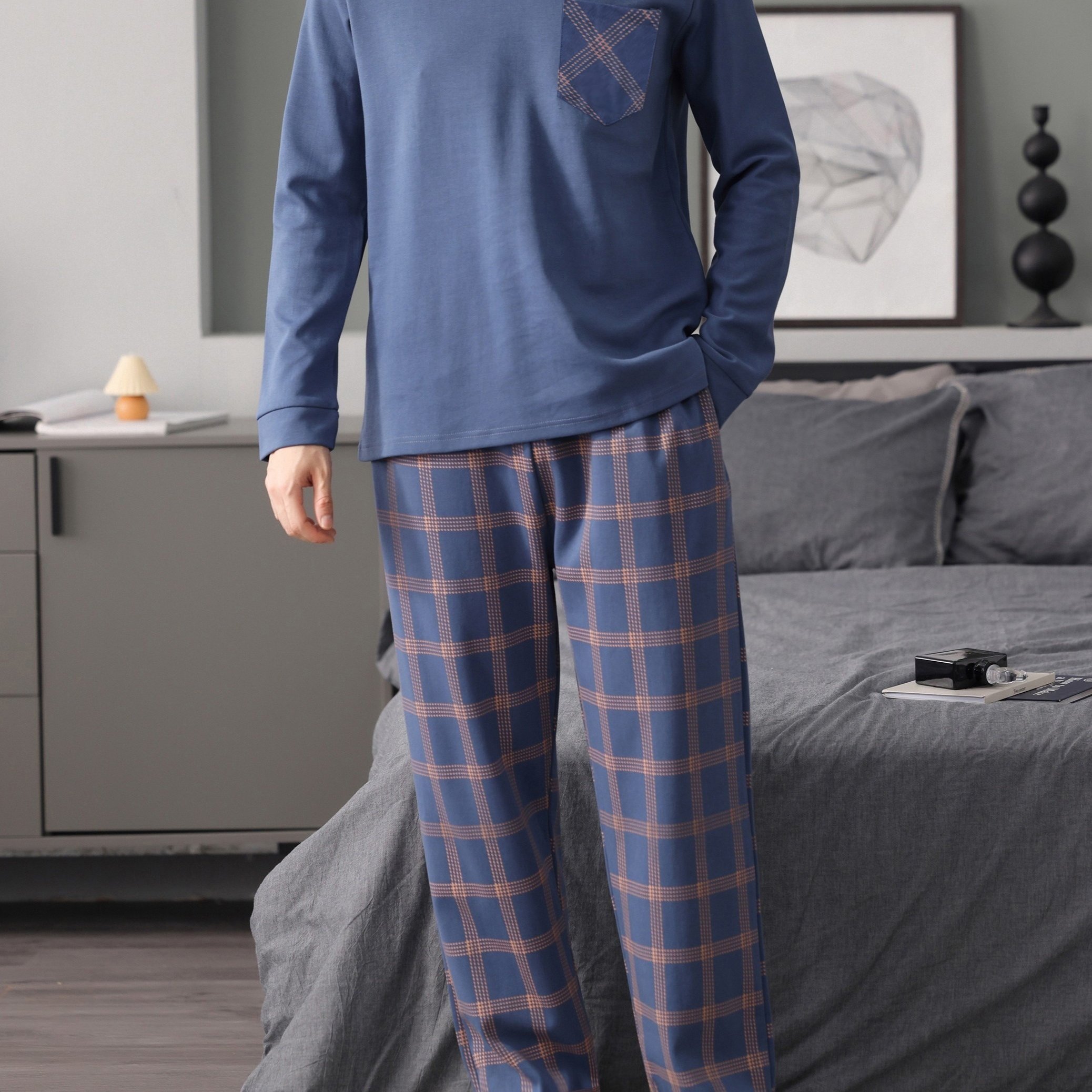 Image of Men's Checkered Long Sleeve Pajama Set, Casual Youth Neck T-shirt And Shorts, Men's Home Clothes Set, Loungewear Sleep Top And Bottom