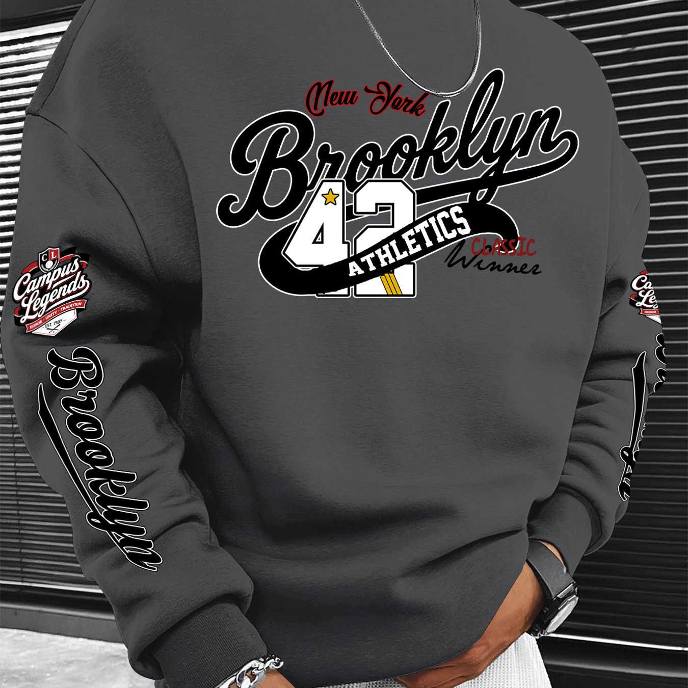 Image of New Arrival Men's Plus Size Crew Neck Sweatshirt Outdoor Streetwear Full Brooklyn Number 42 Baseball Letter Printed Design Stylish Versatile Cool Casual Top For Summer