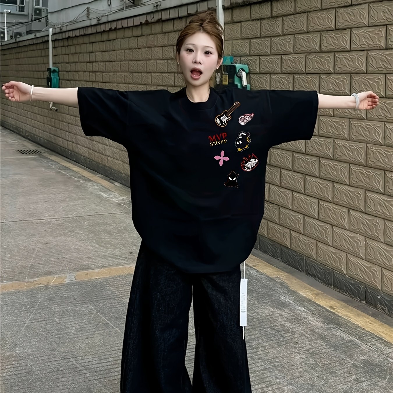 TEMU 여성용 블랙 락 음악 요소 프린트 반팔 티셔츠 여름 하프 슬리브 상의