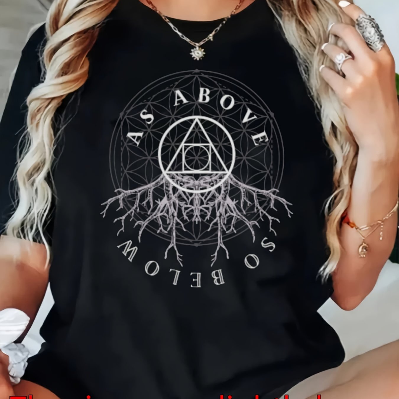 Women's Print T-shirt - & Geometric Philosophical Symbolism Tee, Stretchy Casual Short Sleeve Round Neck Top With Symbols For Spring Summer, Machine Washable - Wear