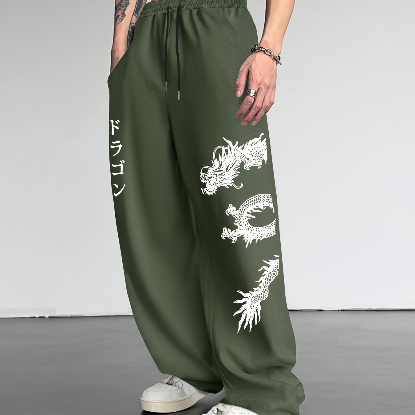 TEMU Spring/autumn New Casual Sports Pants With Dragon Print, Loose Drawstring Straight-leg Trousers For , Unisex Lightweight Versatile Bottoms For