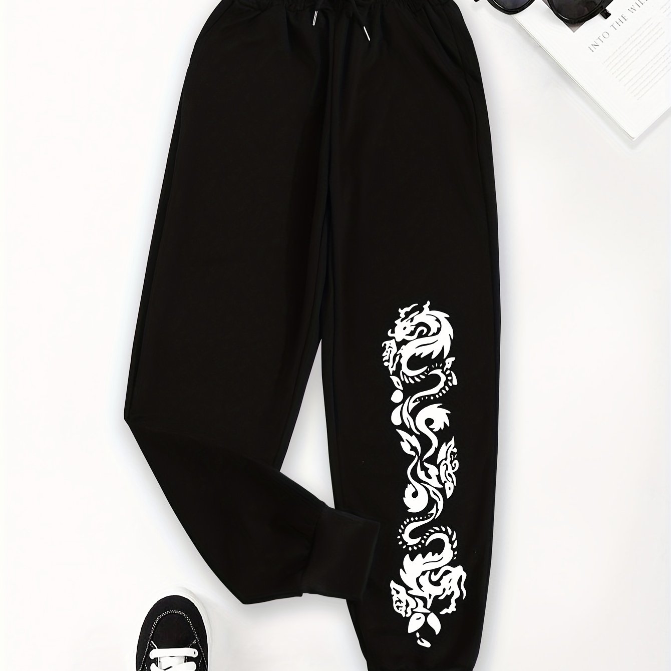 TEMU Women's Casual Long Pants With Graphic Floral Print, 100% Polyester Knit Fabric, Drawstring Waist With Pockets, Regular Trousers For Weekend