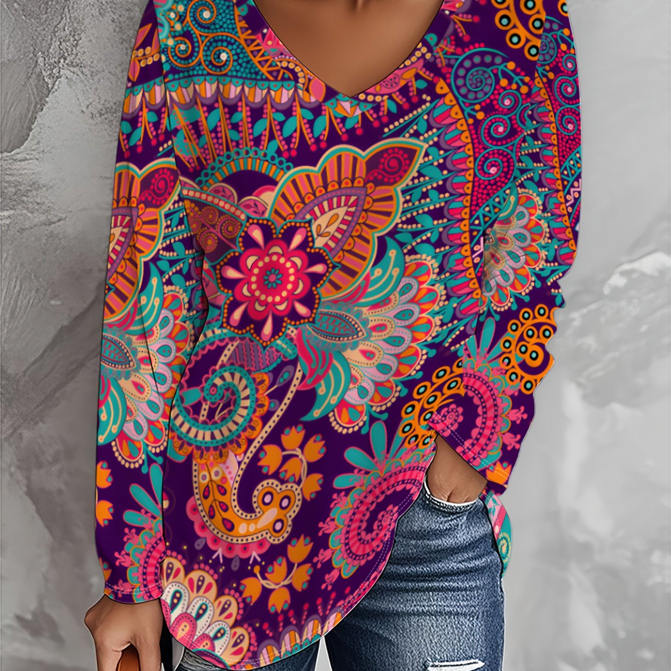 TEMU Plus Size, Women's Plus Size V-neck Long Sleeve T-shirt - Loose Fit Ethnic Floral Maxi Top, Casual Blouse For Fall/winter, Machine Washable