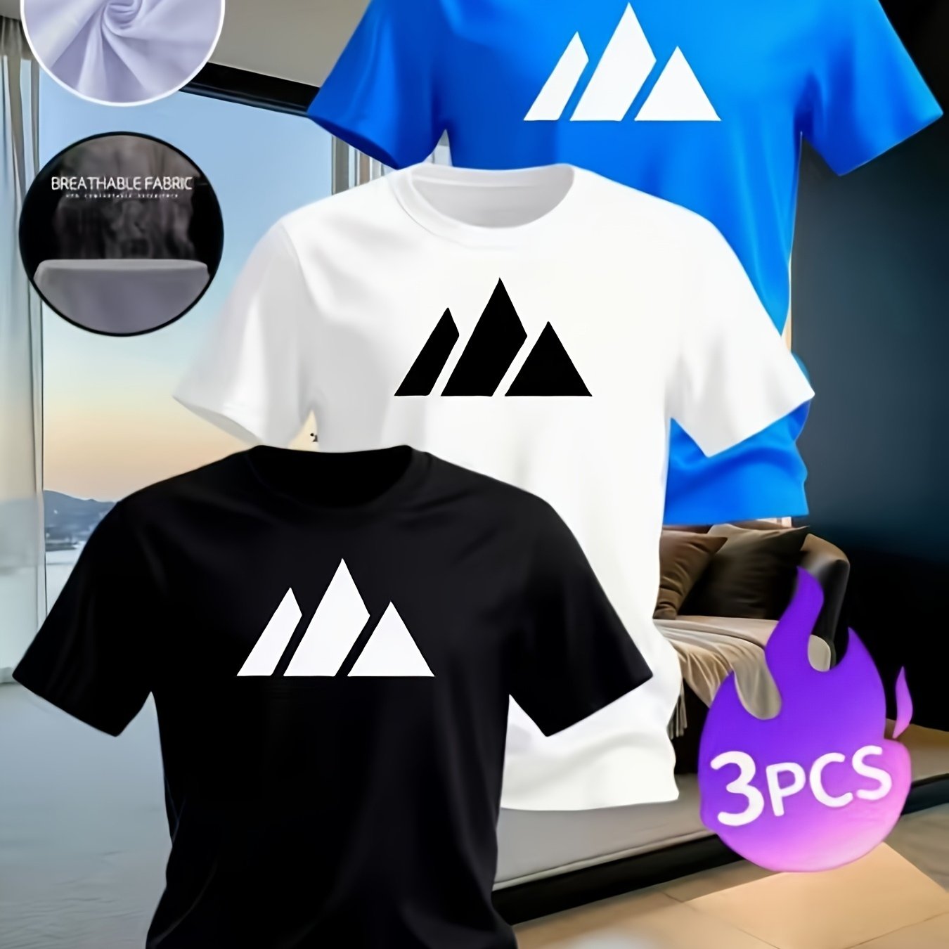 TEMU Ensemble de 3 T-shirts de course à manches courtes pour hommes, T-shirts de 'entraînement en extérieur, Hauts élégants imprimés à col rond et