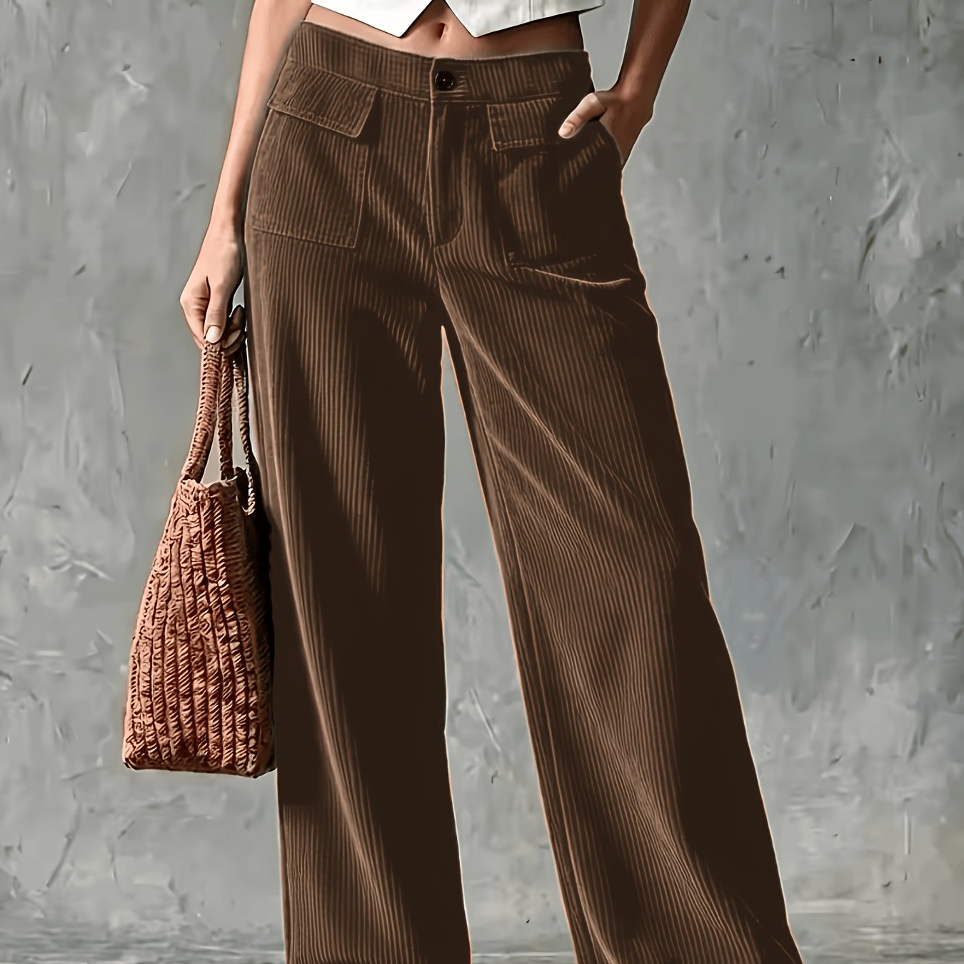 TEMU Women's Vintage Corduroy Wide-leg Pants - Low-waist Elastic Trousers With Double-pocket Straight Leg, Loose Fit Full-length Pants Suitable For