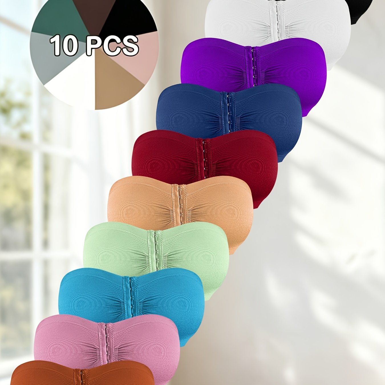 Qcqbl 10pcs Set, Large Size, Women's Front-opening Clasp, Non-padded, Non-strapless Lingerie. Molded And Lifted To Prevent Sagging. Made Of Nylon And Spandex For And .