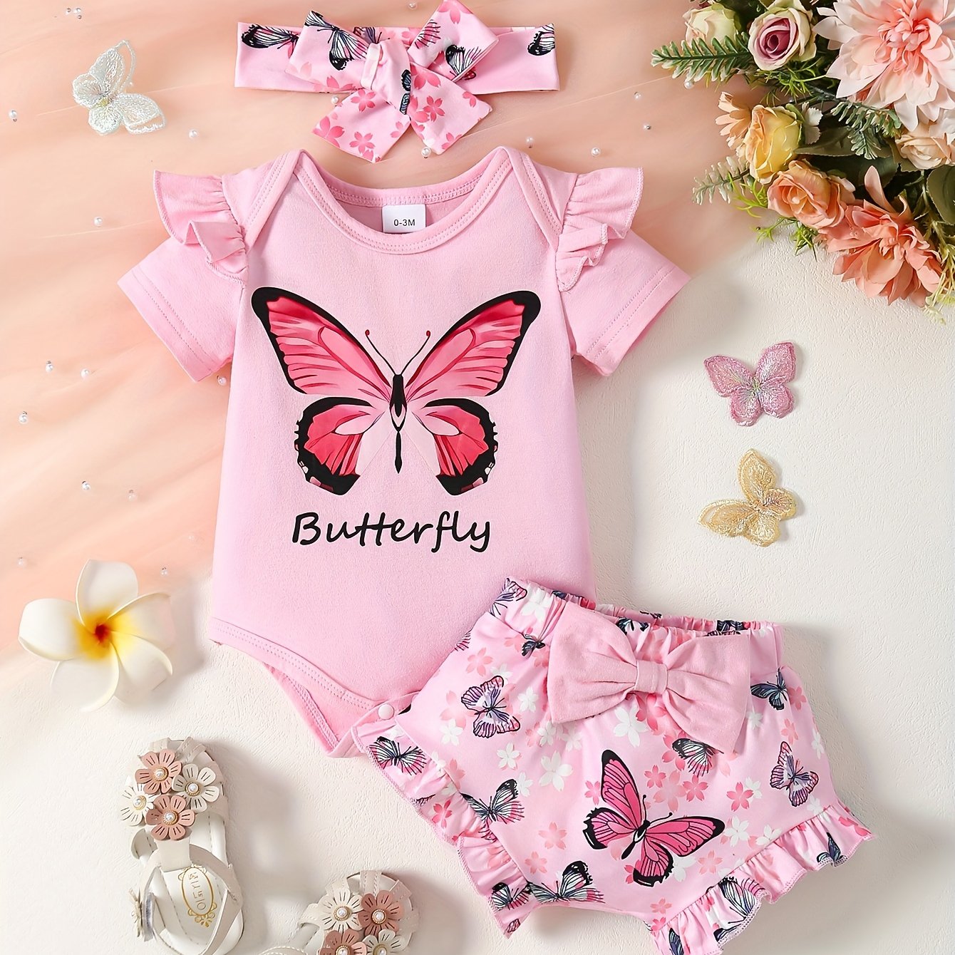 TEMU Baby Girl Pattern Onesie, Bow Lace Shorts, Hair Band Three-piece Set