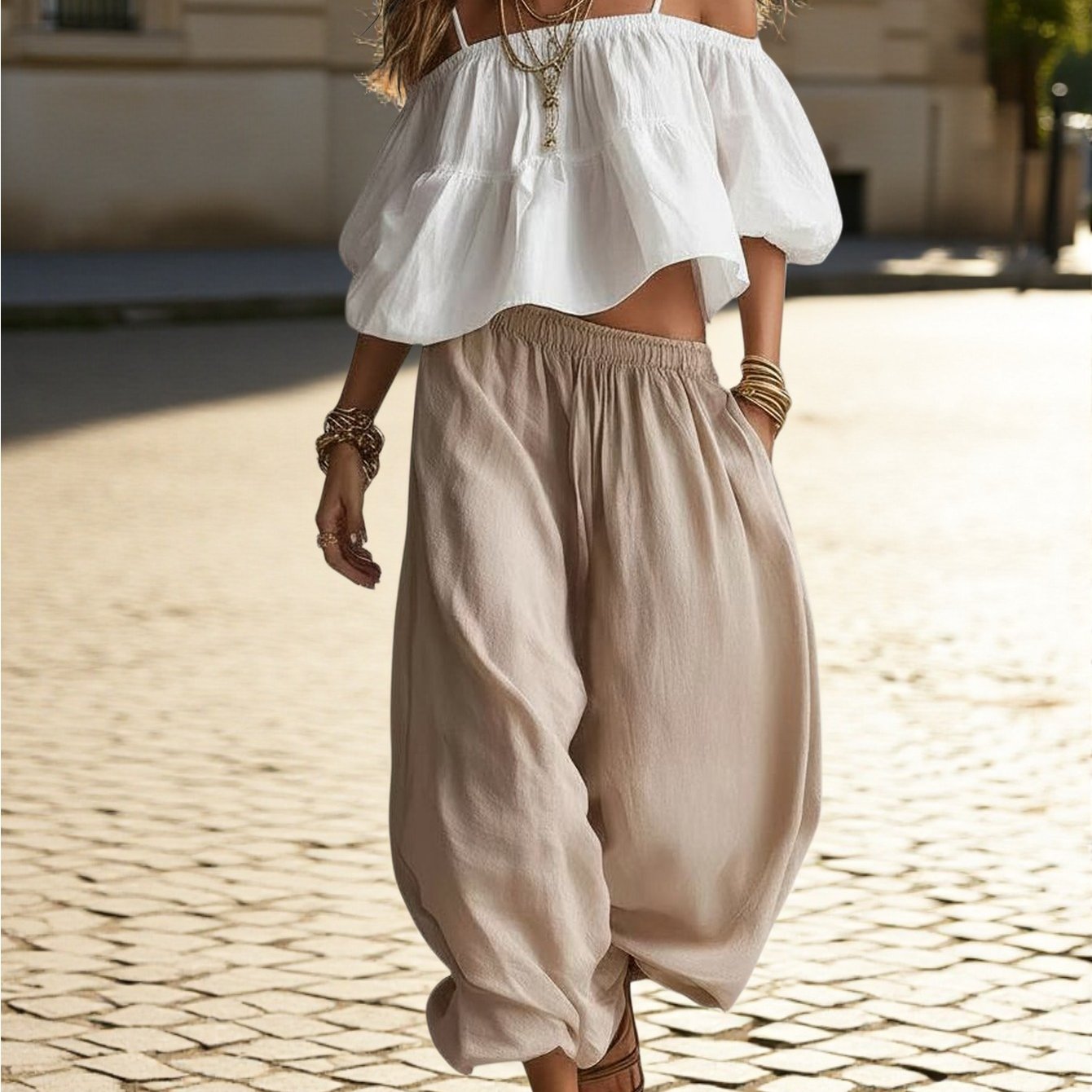 TEMU -shoulder Puff Sleeve Crop Top + Light Khaki Wide-leg Harem Pants Women's Casual Set | Bohemian , Perfect For Spring/summer Daily & Vacation