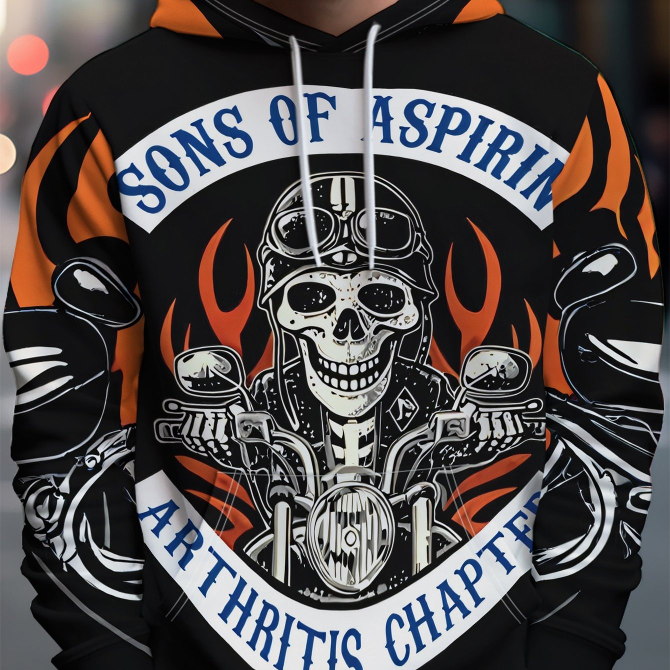 TEMU Of Skull Motorcycle Print Men's Hooded Sweatshirt, Fiber Long Sleeve Casual Pullover, Riding Theme , Machine Washable, Casual Daily Wear