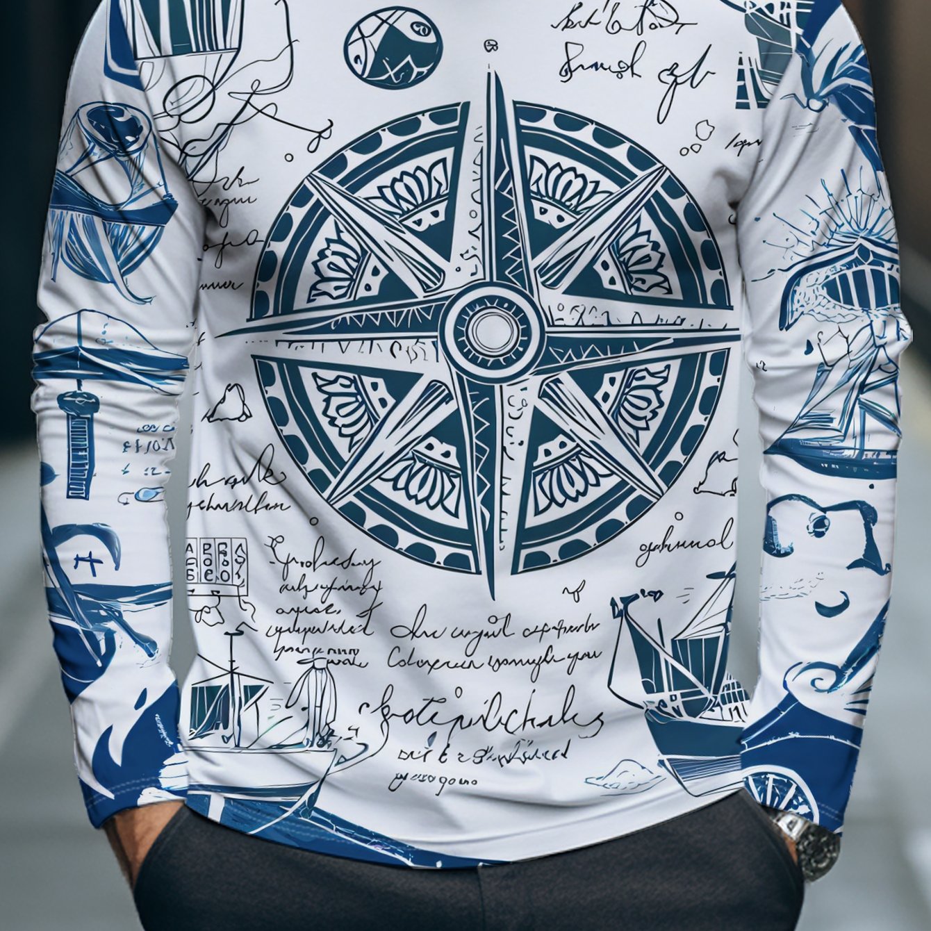 TEMU White Long-sleeved Top With Printed Blue Nautical Compass, Ship, And Handwritten Text