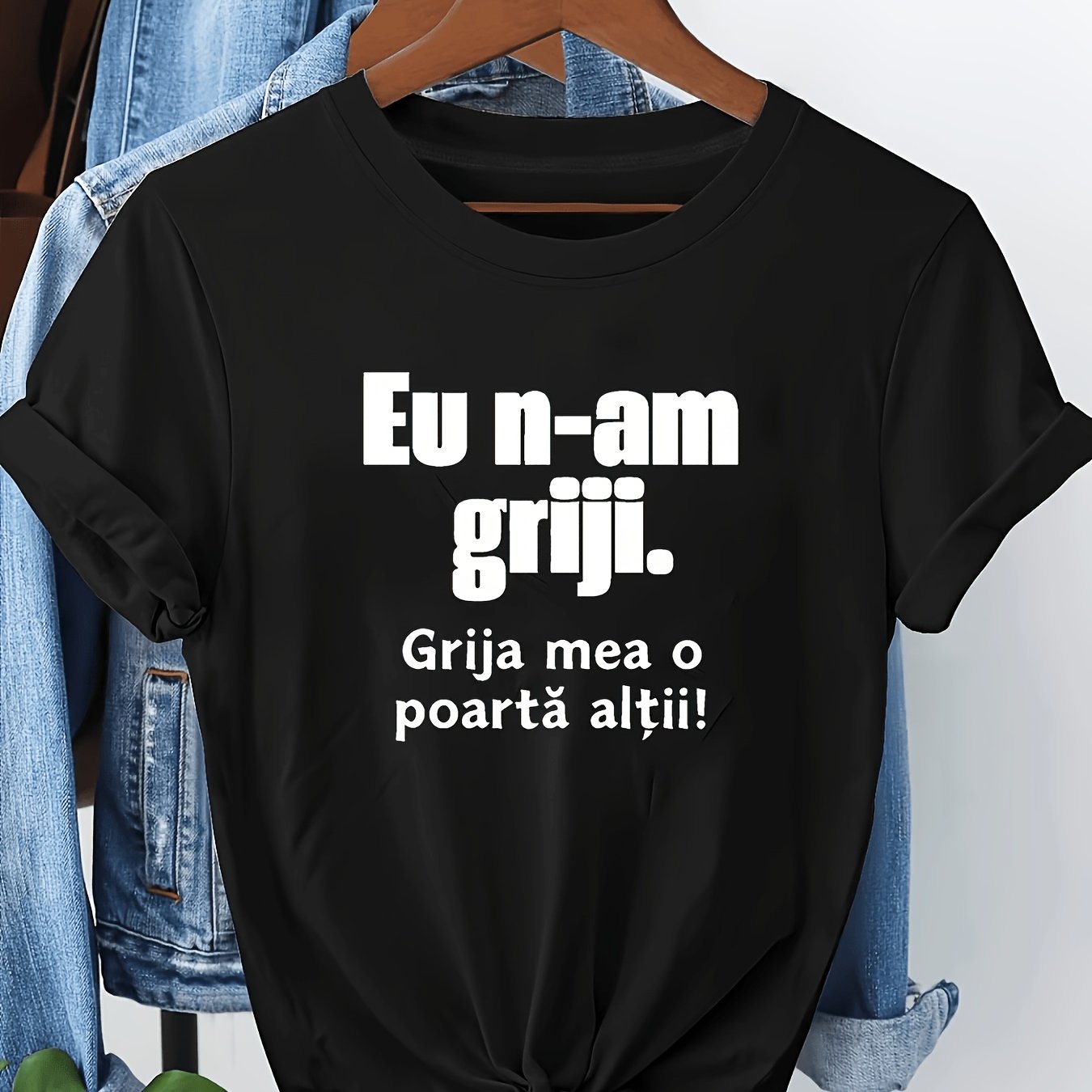 TEMU Women's Romanian T-shirt "eu N-am Griji" (i Have ) - Short Sleeve Crewneck Top With Lettering Print, Casual Streetwear Style Suitable For Daily