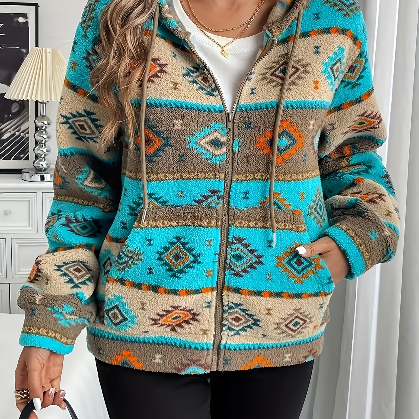 Plus Size - Plus Size - Plus Size Women's Coat Printed Hooded Drawstring Casual Jacket