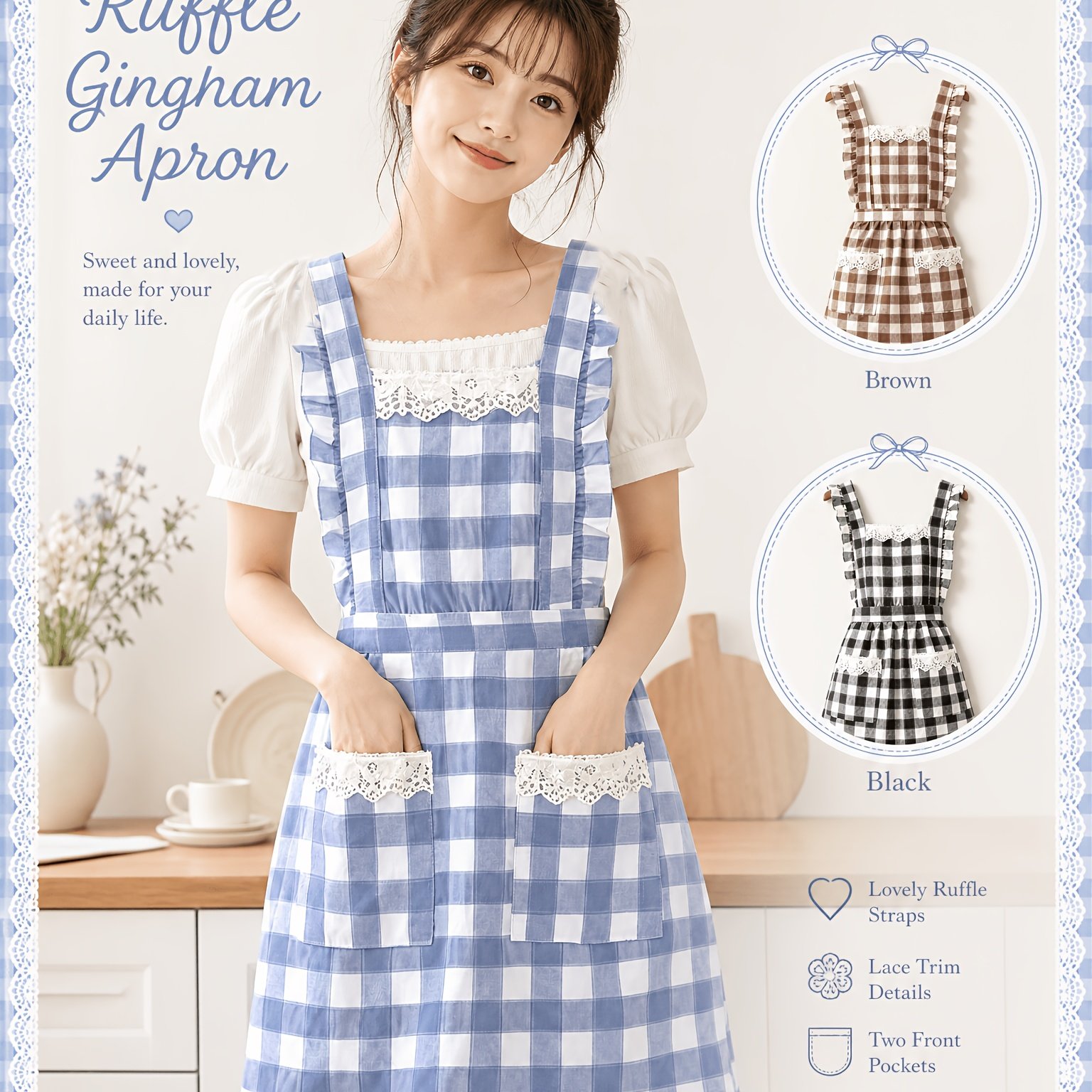 TEMU Adorable Korean-style Sleeveless Apron With Spaghetti Straps, Exquisite White Lace Detailing At The Neckline And Double Pockets, And A Lace ; A