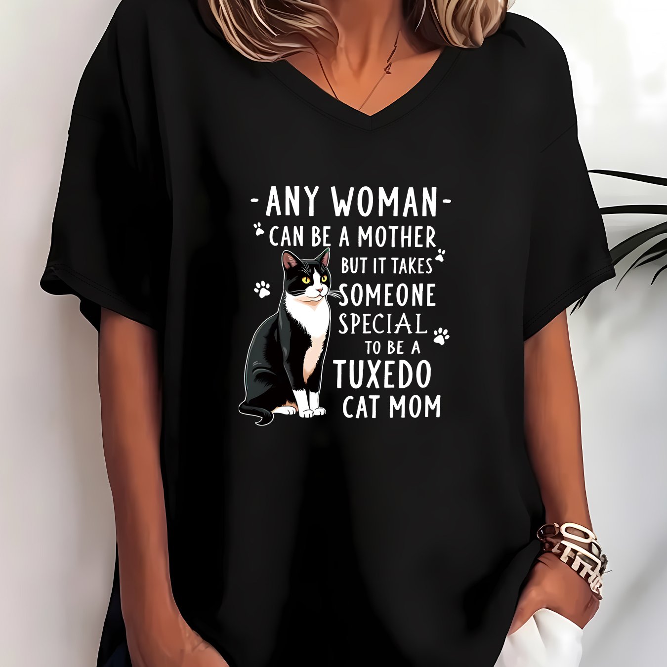 TEMU Plus Size - Plus Size - Tuxedo Cat Mom Print T-shirt | Casual V-neck, Short Sleeve, Oversized Fit, Medium Stretch Fabric, Suitable For Daily