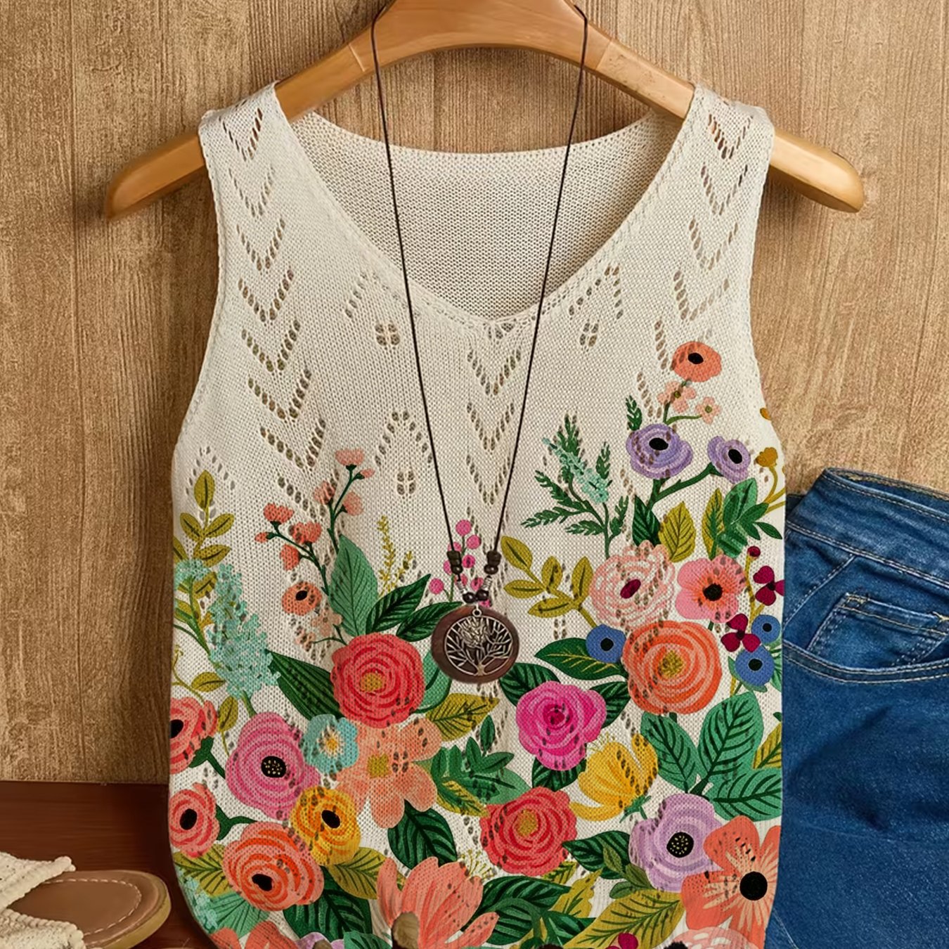 TEMU Women's Spring Summer Sleeveless Vest With Floral Print, Early Spring Hollow Versatile Regular V-neck Inner Vest, Summer Soft Comfortable