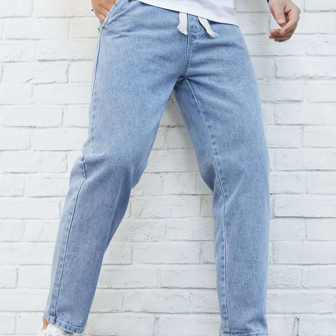 Image of Men's Washed Denim Pants, Spring/autumn Fashion Brand Loose Straight-leg Elastic Waist Drawstring Versatile Casual Cropped Pants, Geng Yuanshi, New Season