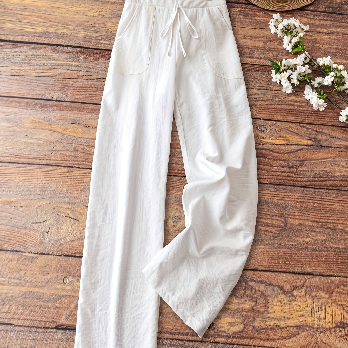 Plus Size, Plus-size Women' Pure Casual Pants With Pockets And Drawstring, Suitable For