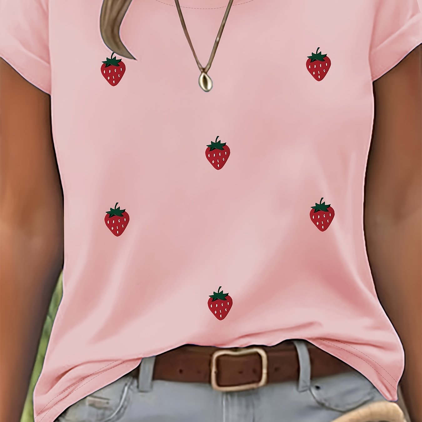 TEMU Women's Strawberry Print Short-sleeve T-shirt - Strawberry & Suitable For Gift For Mom,, Sister - Lightweight Breathable Crew Neck Can Style As