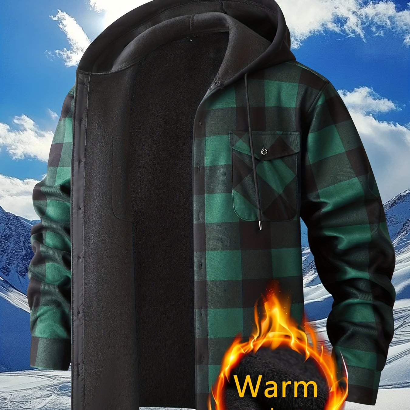 TEMU Men's Traditional Checkered Flannel Hooded Shirt - Cozy Outdoor Jacket For Casual Wear And , Autumn Menswear