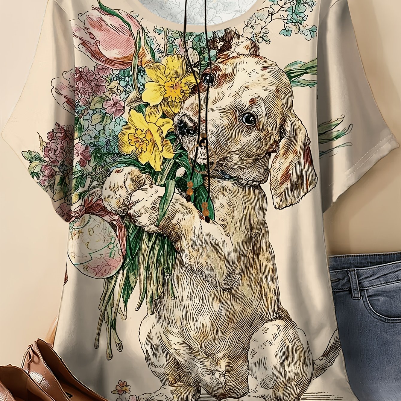 TEMU Plus Size, Women's Short-sleeve T-shirt Holding Flowers Print - Round Neck Blouse-compatible Casual Top Suitable For Spring Summer Fall, Machine