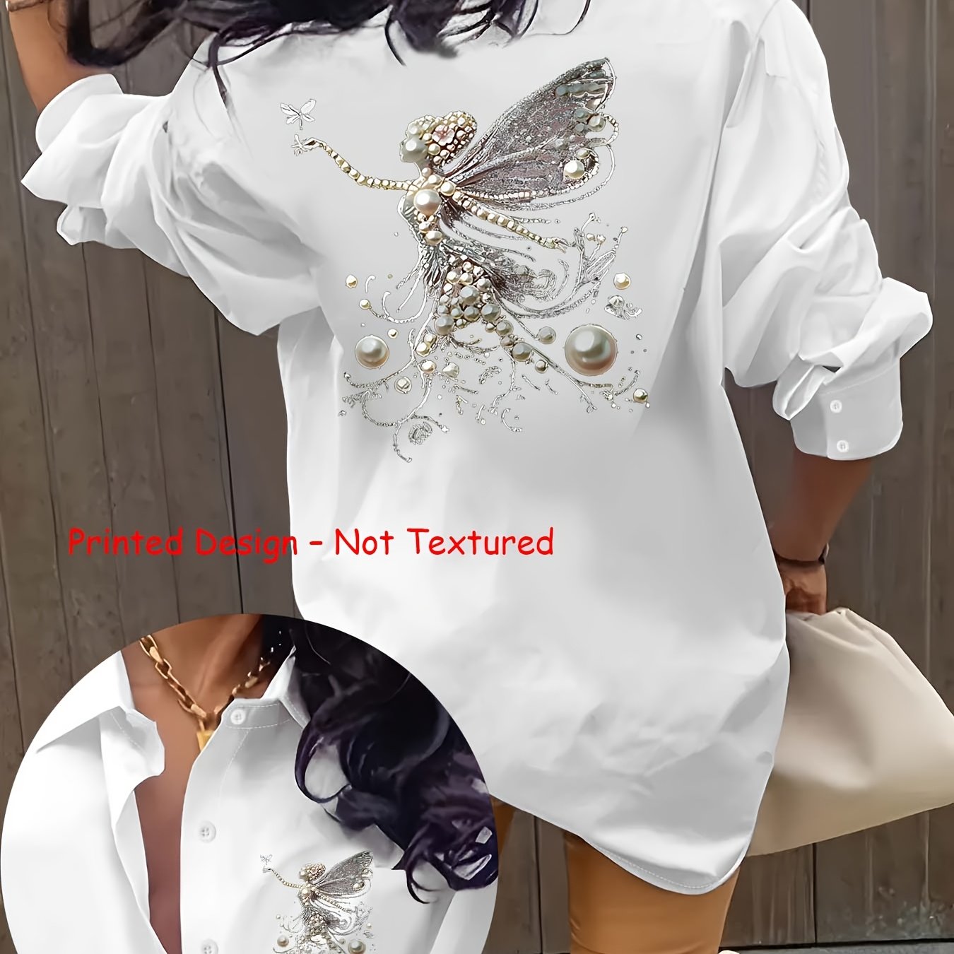 TEMU Women's Comfortable Simple Elegant Fashion Vintage Creative Pattern Print Collared Long Sleeve Shirt, 1pc Women's Wear, Beautiful Women's Shirt,