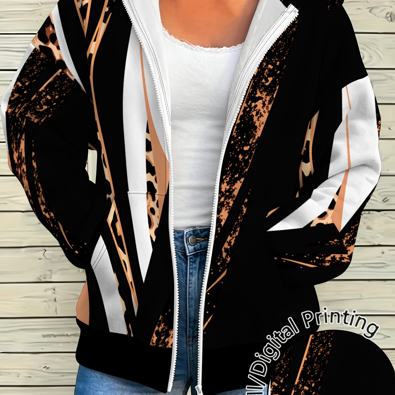 TEMU Women's Hooded Zipper Sweatshirt Jacket 2024 New Autumn Fashion Geometric Abstract Printing Long Sleeve Cardigan Top Casual All-match Street