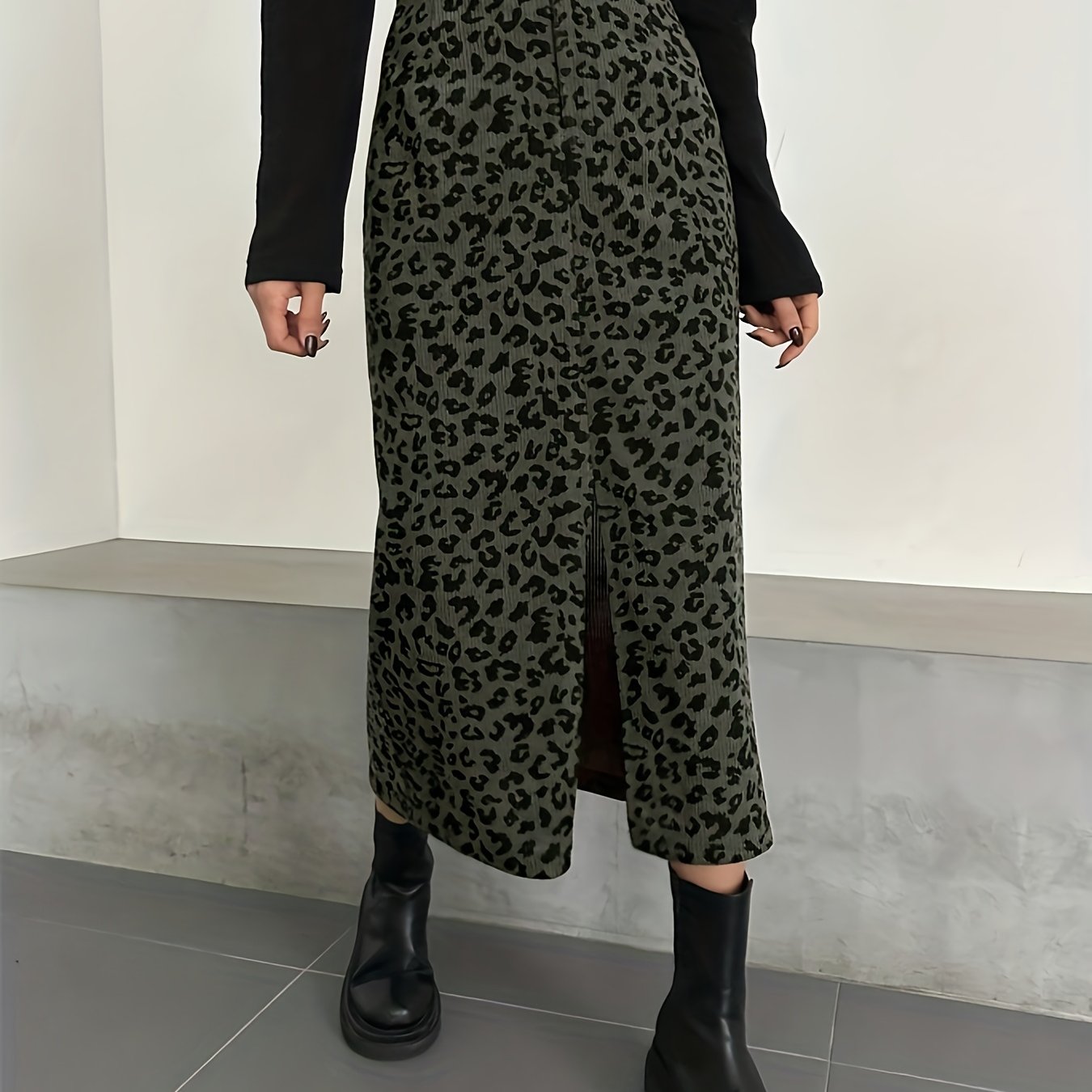 E-shop ZD1022024 Damen-Midi-Rock in A-Linie mit Leopardenmuster, Frühling/Sommer, dünner Stoff mit seitlichem Schlitz vorne, eleganter, hüftbetonender