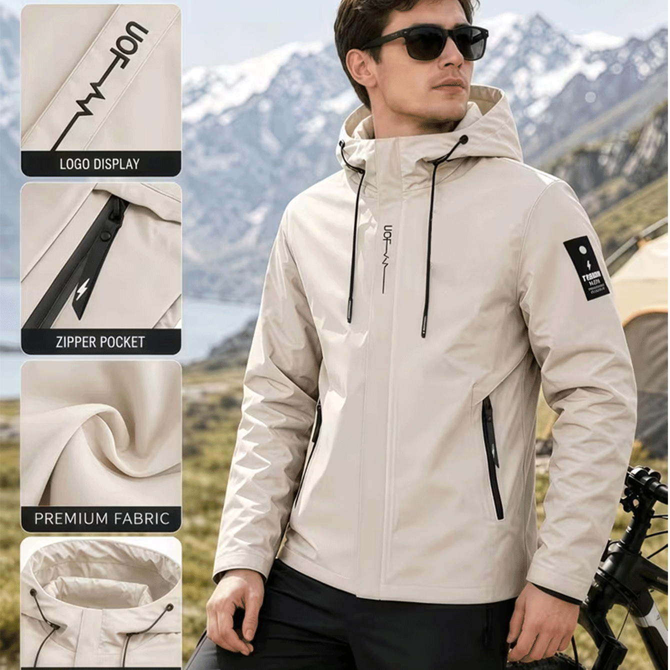 Men's Plain Print Full-Zip Hooded Jacket for Outdoor Activities
