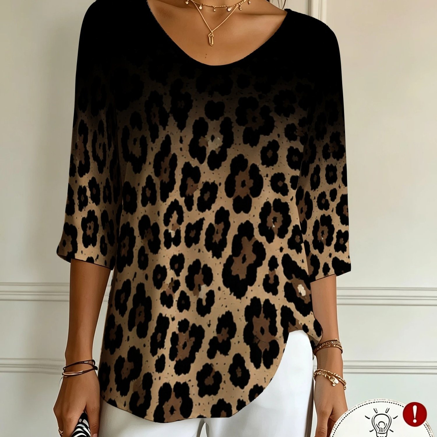 TEMU Women's V-neck 3/4 Sleeve T-shirt, Gradient Leopard Print Statement Design, Classic , Curved Hem Detail, Effortlessly Casual Look, Versatile For