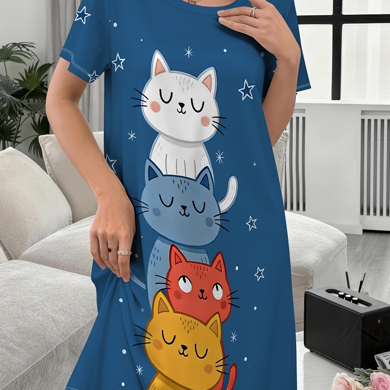 TEMU Nuisette décontractée pour femmes, chemise de nuit décontractée à imprimé chat empilé, confortable , chemise de nuit pour femmes, vêtements