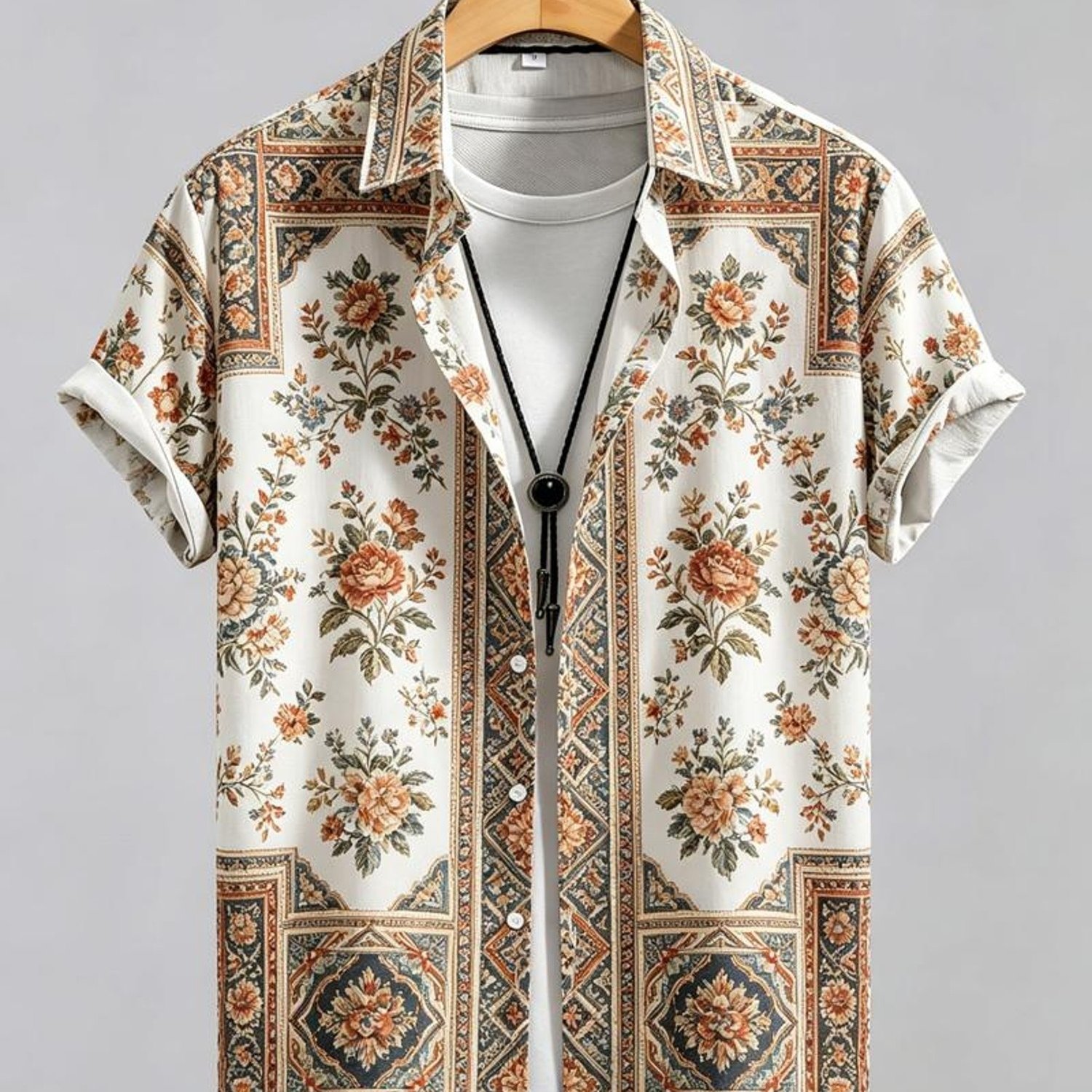 Image of Men's Retro Bohemian Casual Short-sleeved Dress Shirt, 100% Polyester, Mixed Colors, Floral And Geometric Pattern, Button-front, Rolled Cuffs, Multiple Sizes, Stylish, Comfortable