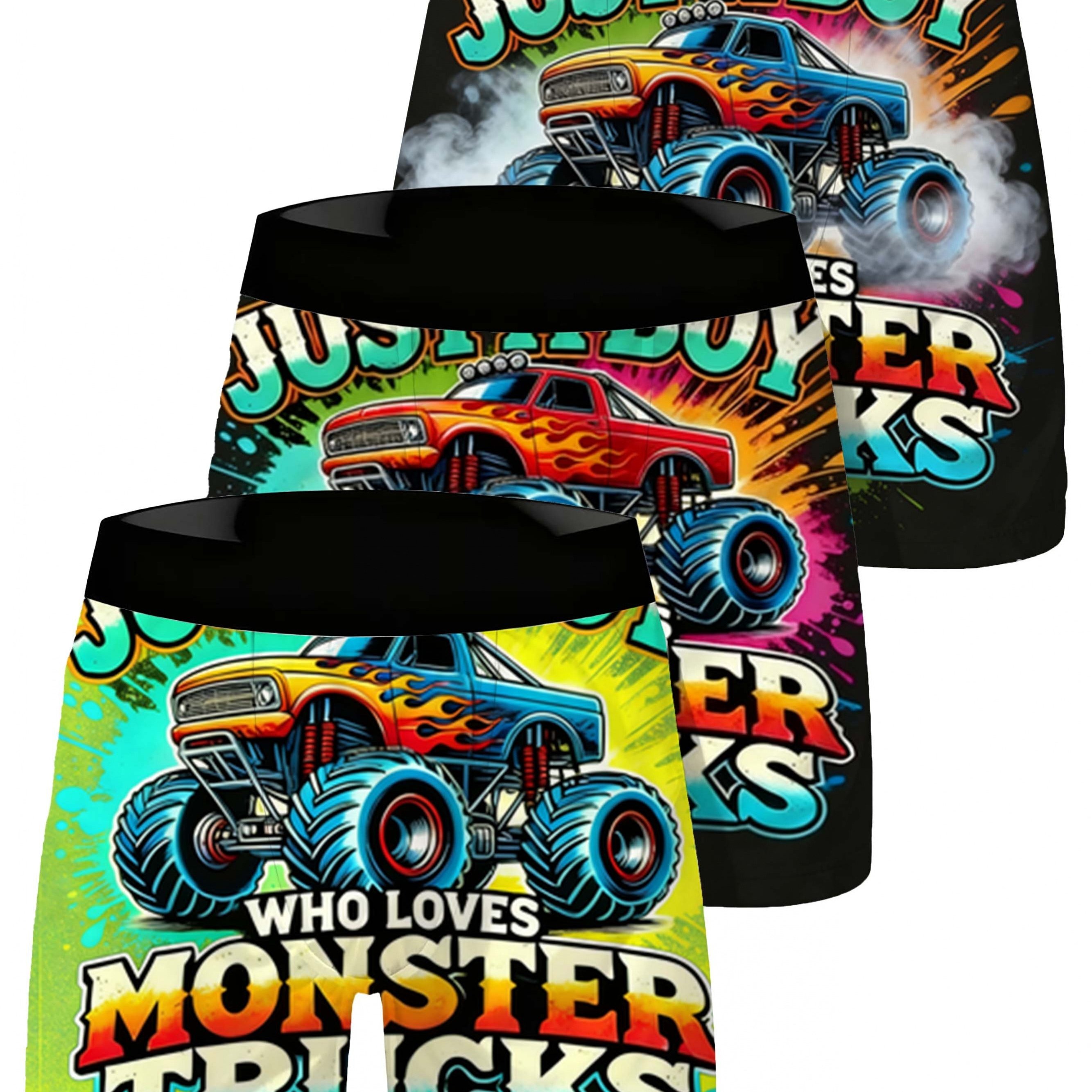 TEMU [ 3pcs Set ] Boys' Flat Corner Underwear, Trendy Truck 3d Printed, 110-160cm Full Size, Friendly And Breathable Fabric, High Waist Unbreakable,
