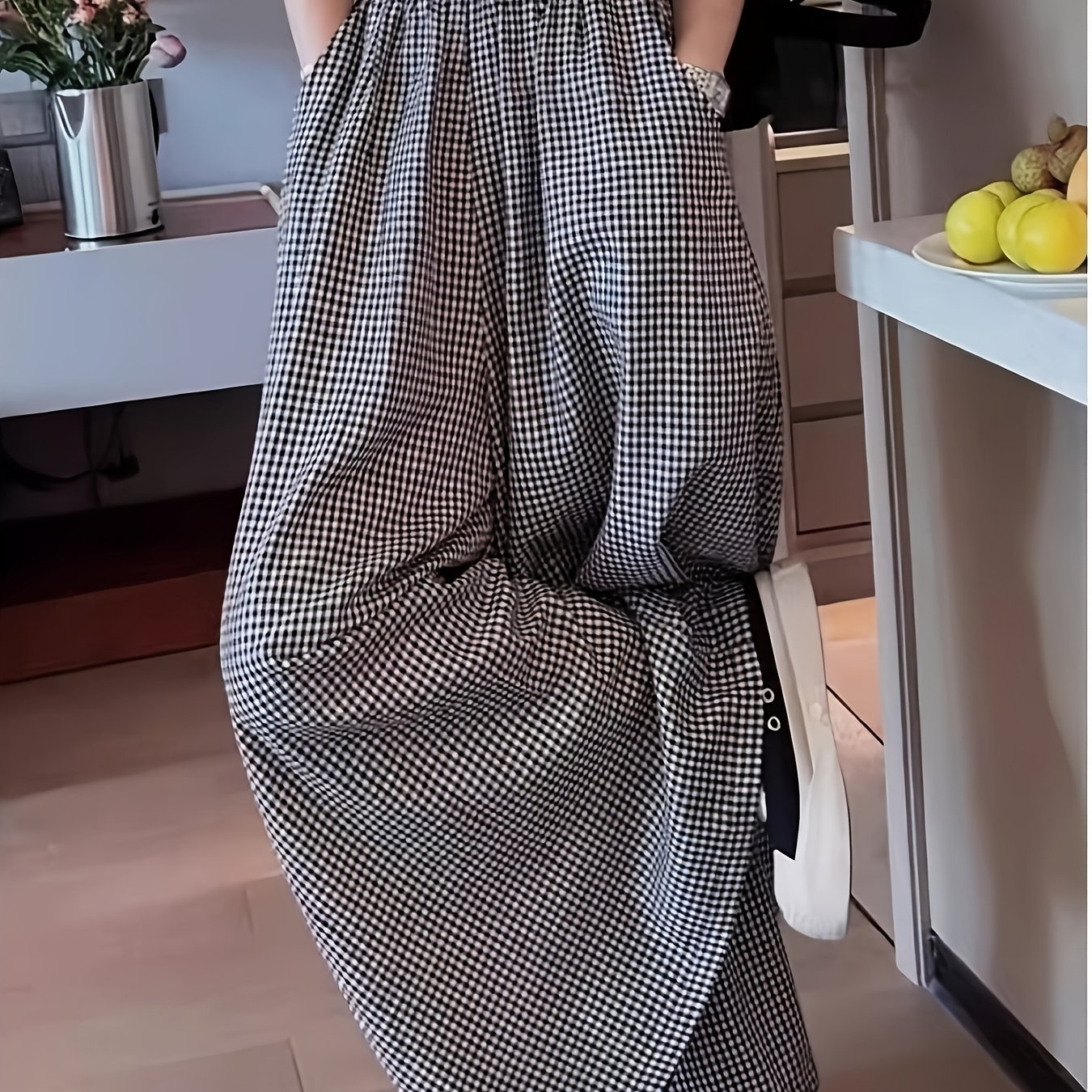 TEMU レディース 韓国風 チェック柄スカートパンツ - ハイウエスト ワイドレッグパンツ 伸縮性ウエストバンド付き ルーズフィット 軽量スカートボトムス 春夏秋 カジュアルウェアに最適 - フリーコーデ