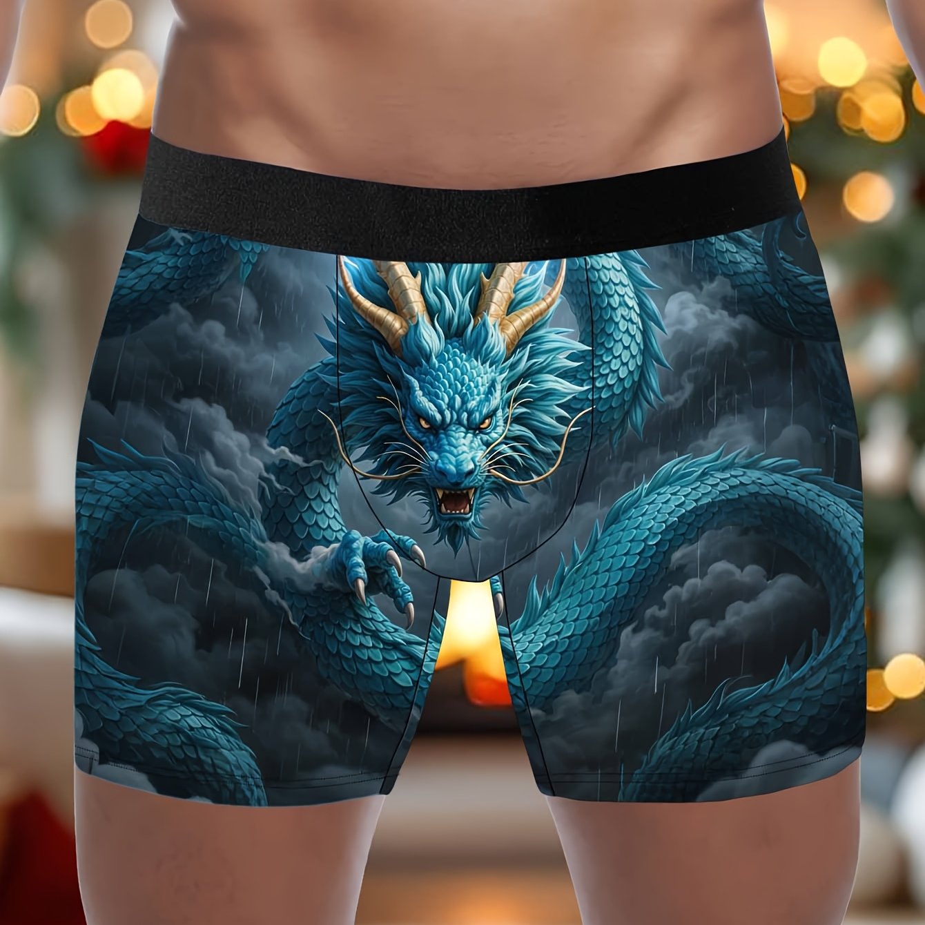 TEMU 1pc Men's Novelty Shorts, Overbearing Blue Dragon Print Men's Briefs, Rain Cloud Azure Dragon Totem Print Underwear, Knit Fabric, Quick-dry And