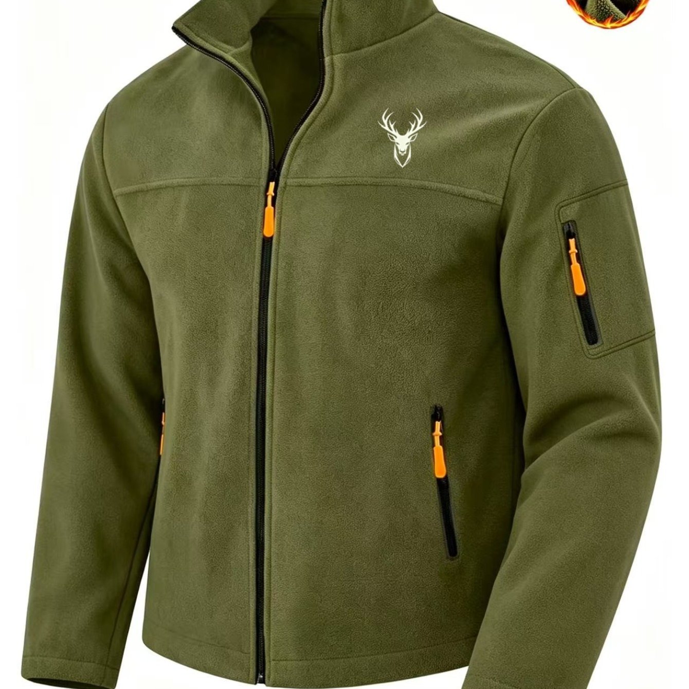 TEMU Autumn Winter Hunting Style Men's Full-zip Collar Windproof Warm Fleece Long Sleeve Jacket, Easy Outdoor Deer Head Print Cargo Jacket With
