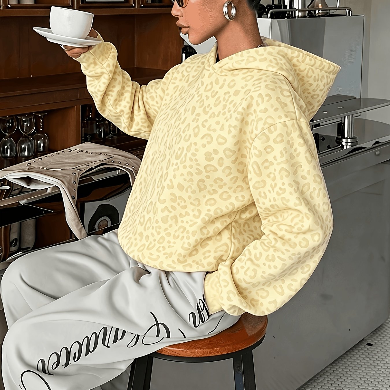 TEMU Women's Sweatshirt, Casual And Simple College-style Retro Leopard Sweatshirt[printed Design-not Textured]