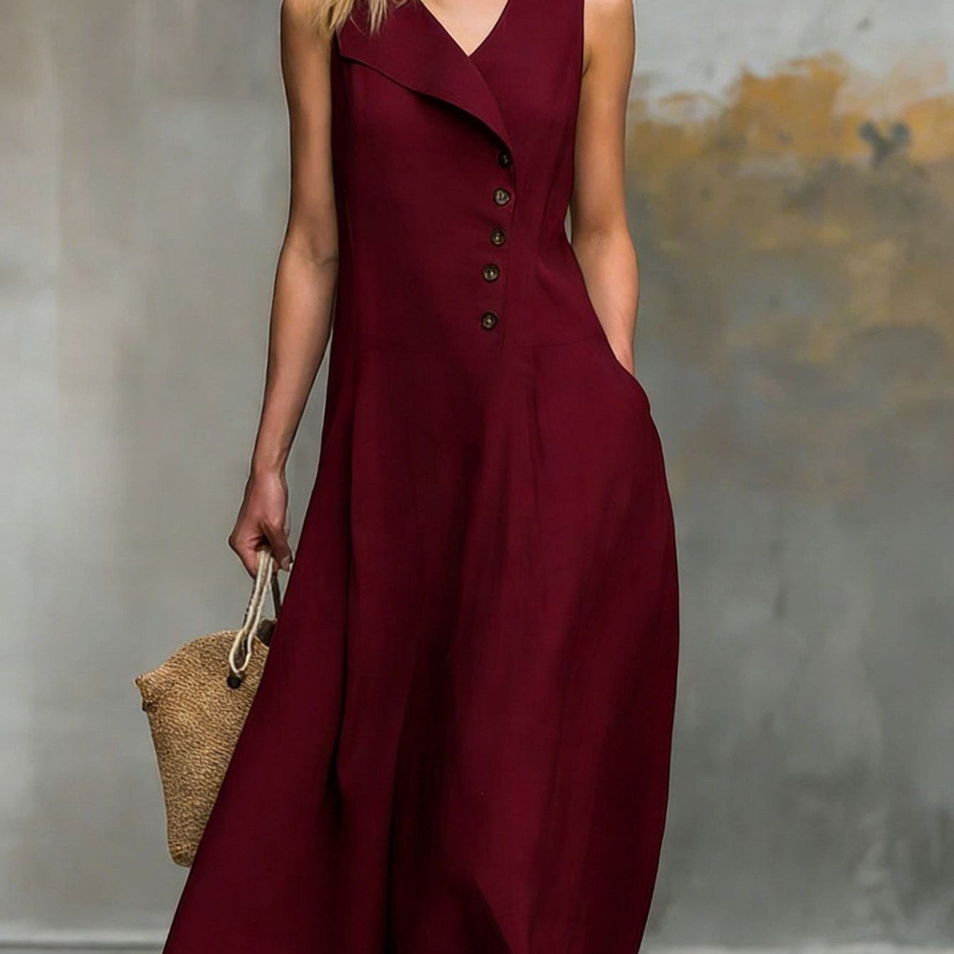 Women's Casual Sleeveless V-neck Button-front Lapel Midi Dress Solid Color Loose Fit Cross-border Fashion