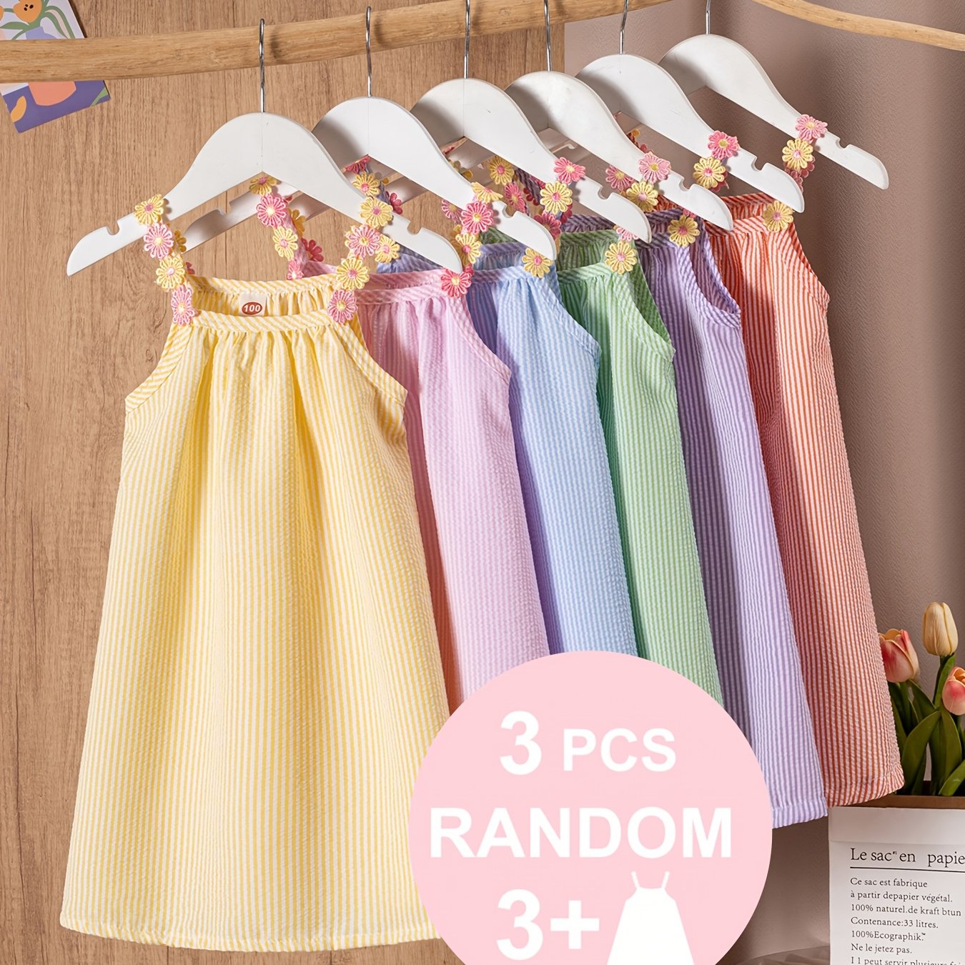Image of 3 Dresses: Young Casual And Loose A-line Style With Flower Shoulder Straps, A Striped Dress, Suitable For Vacations And , And Summer Wear
