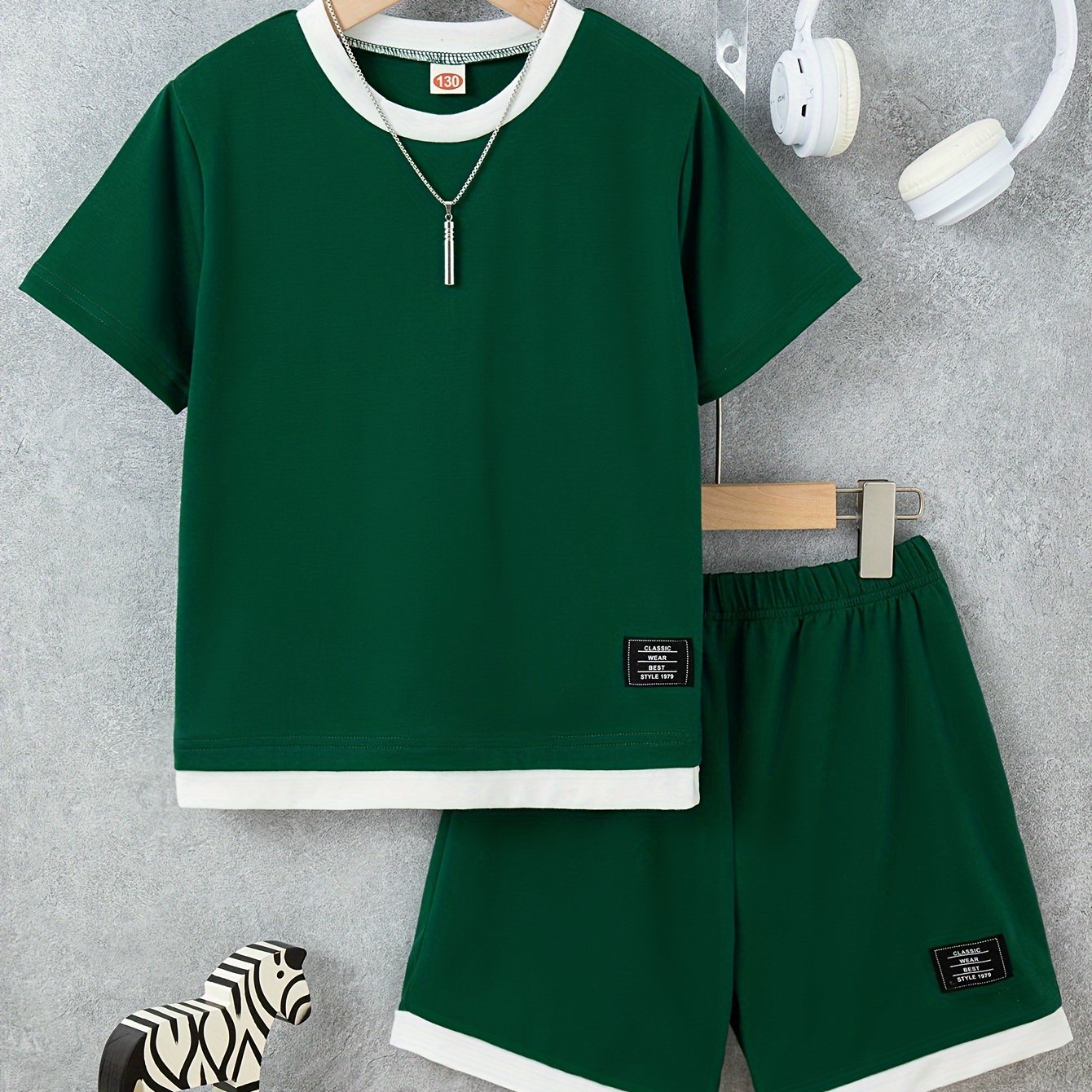 TEMU 2pcs Boys Casual Stitching Short Sleeve T-shirt & Shorts Set, Comfy Summer Boys Clothes