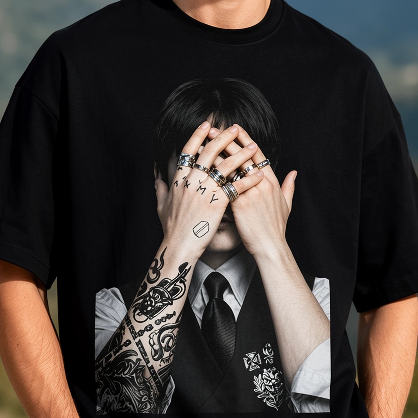 Image of Casual T-shirt Featuring A Black And White Portrait Of A For Man Hiding His Face With Tattooed Hands, Outdoor , Breathable T-shirt, Plus Size