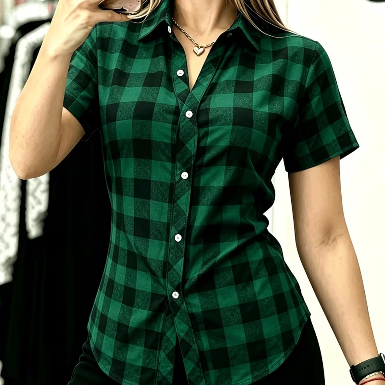 TEMU [printed Design â Not Textured] Women's Short-sleeve Shirt - 2026 Spring/summer New Style Lapel Button-up Commuter Casual Top - Exquisite Butto