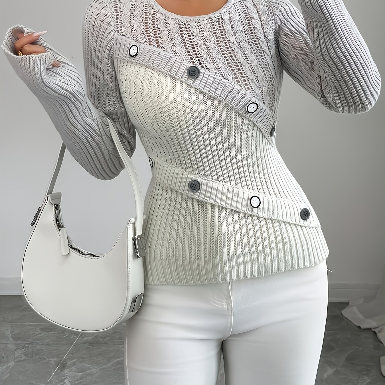 TEMU Waist-defining Contrast Hollow-out Long-sleeve Women's Top With Diagonal Clasp For Feel