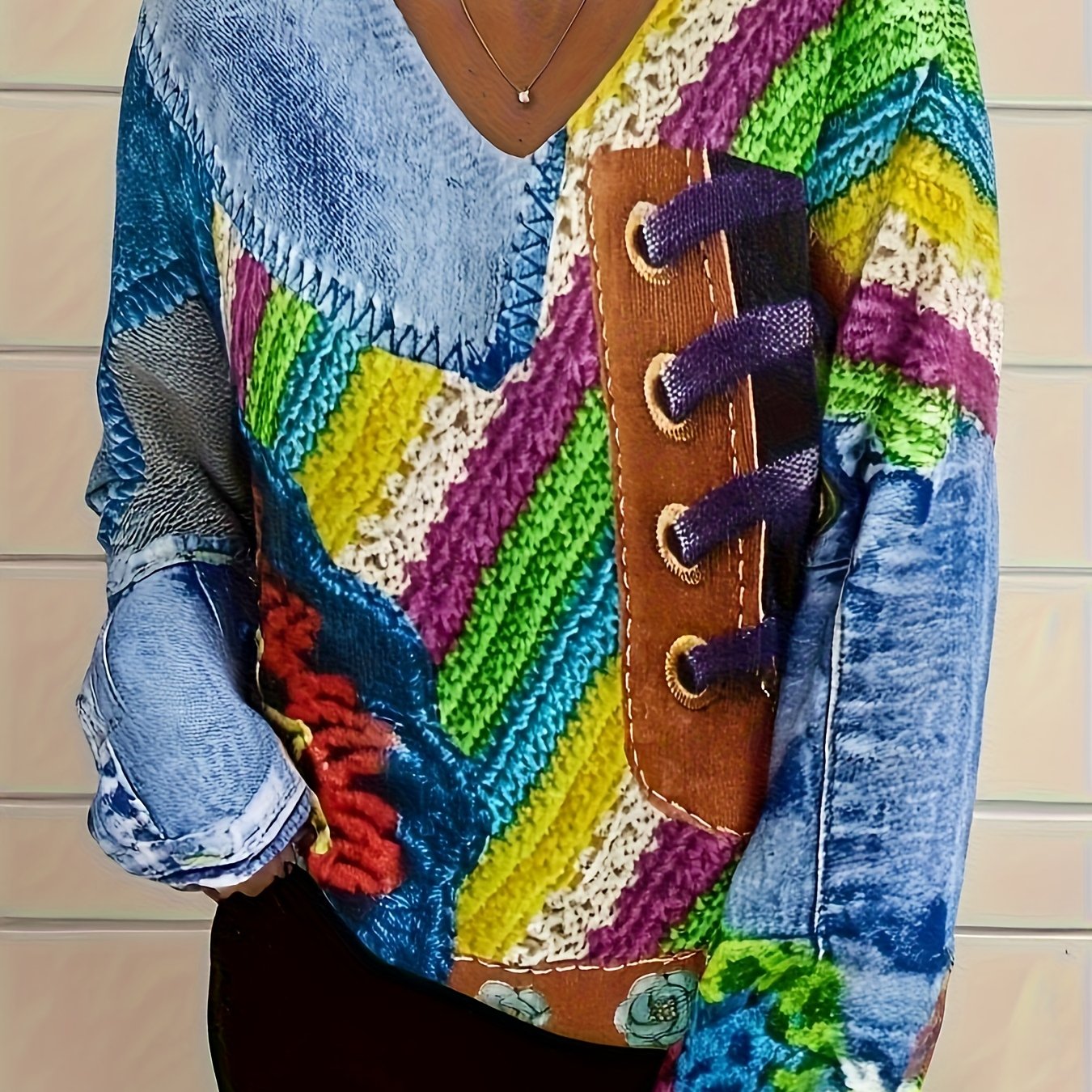 [printed Pants - Not Denim Fabric]women's 3d Printed Sweater With Contrasting Denim Pattern, Stylish Long-sleeve V-neck Pullover Top
