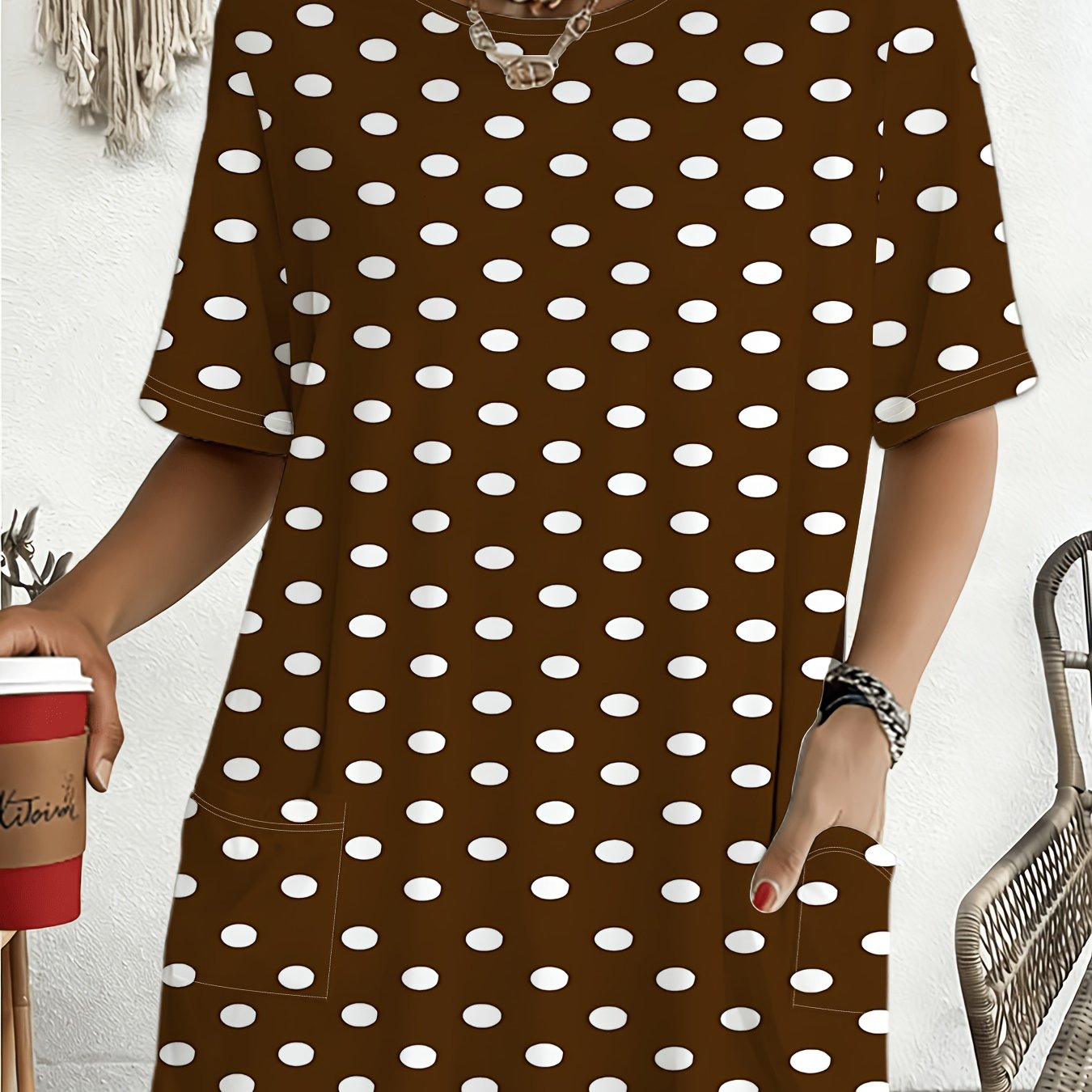 TEMU Brown Polka Dot Short Sleeve Loose , Women's Casual T-shirt, Versatile Summer Style