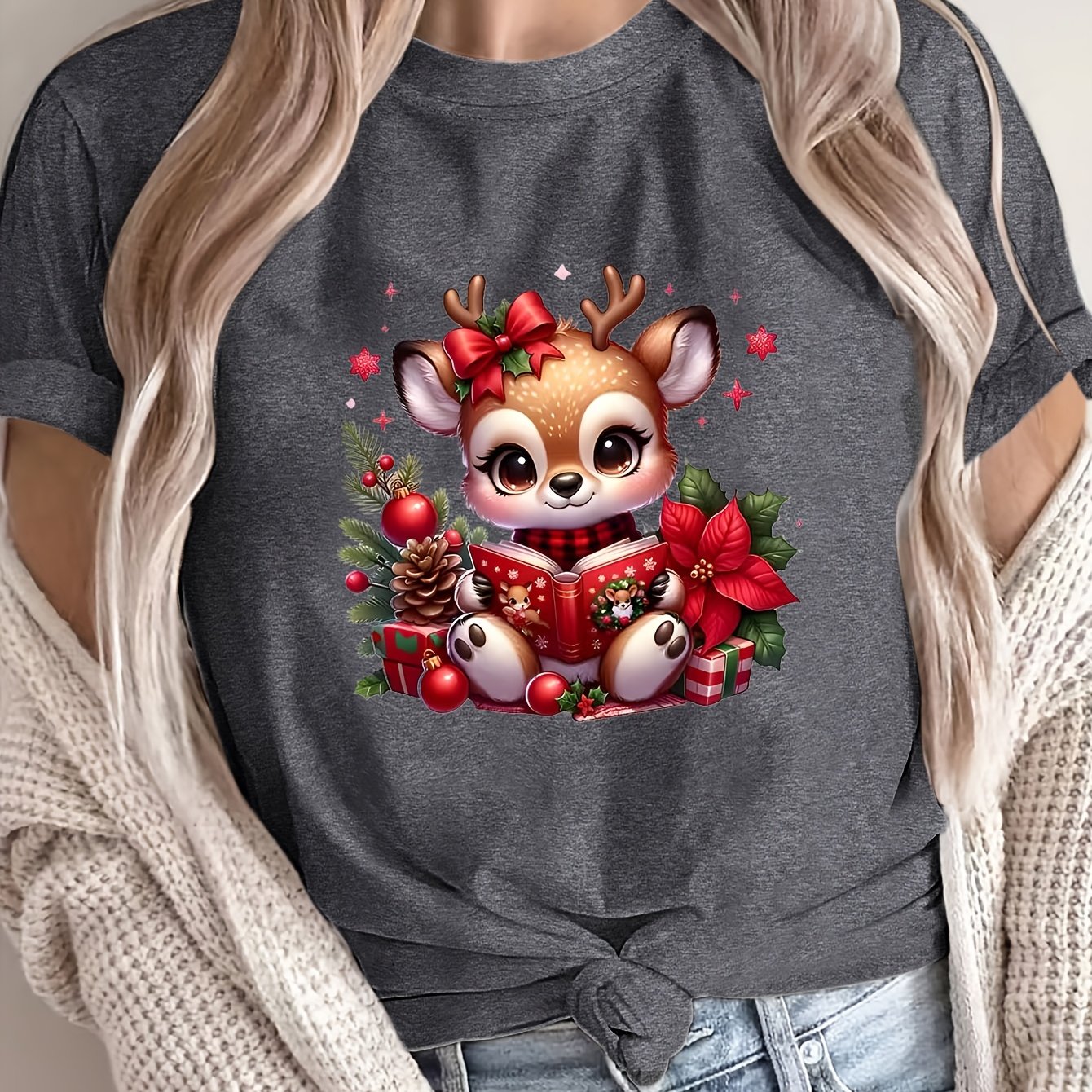 TEMU Plus Size - Plus Size - Festive Christmas Reindeer Print Round Neck T-shirt, Casual Short Sleeve Top
