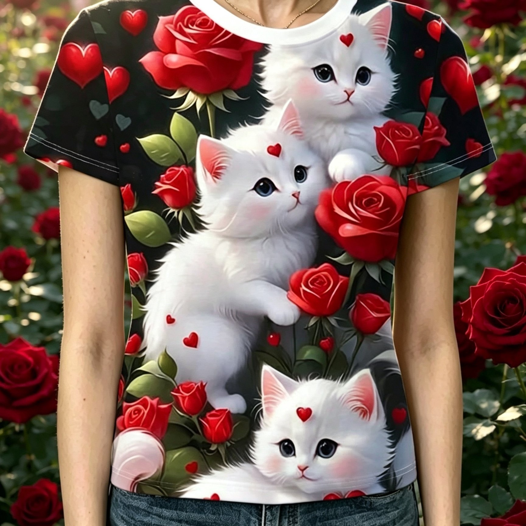 TEMU Women's Short Sleeve T-shirt, Cat Pattern Round Neck Casual Top, Summer New Style. Comfortable And Versatile For Daily Wear