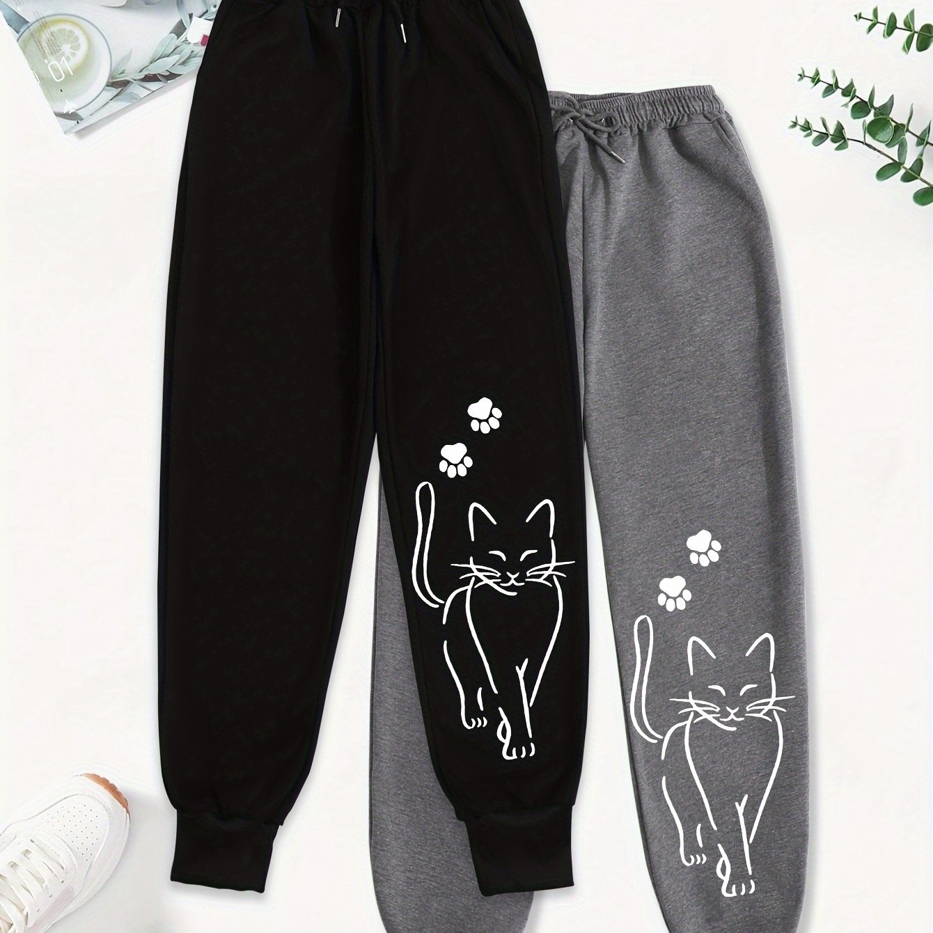 Image of 2pcs Cartoon Graphic Print Pants, Casual Drawstring Waist Jogger Trousers, Women's Clothing