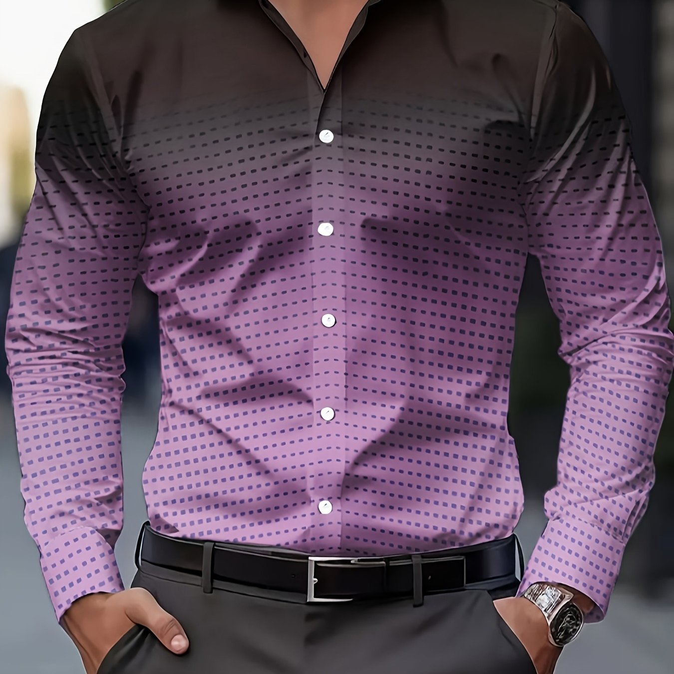 TEMU Une chemise imprimée pour homme, aux , avec un dégradé violet et noir unique et des points subtils qui ajoutent de modernité à . Idéale pour ,